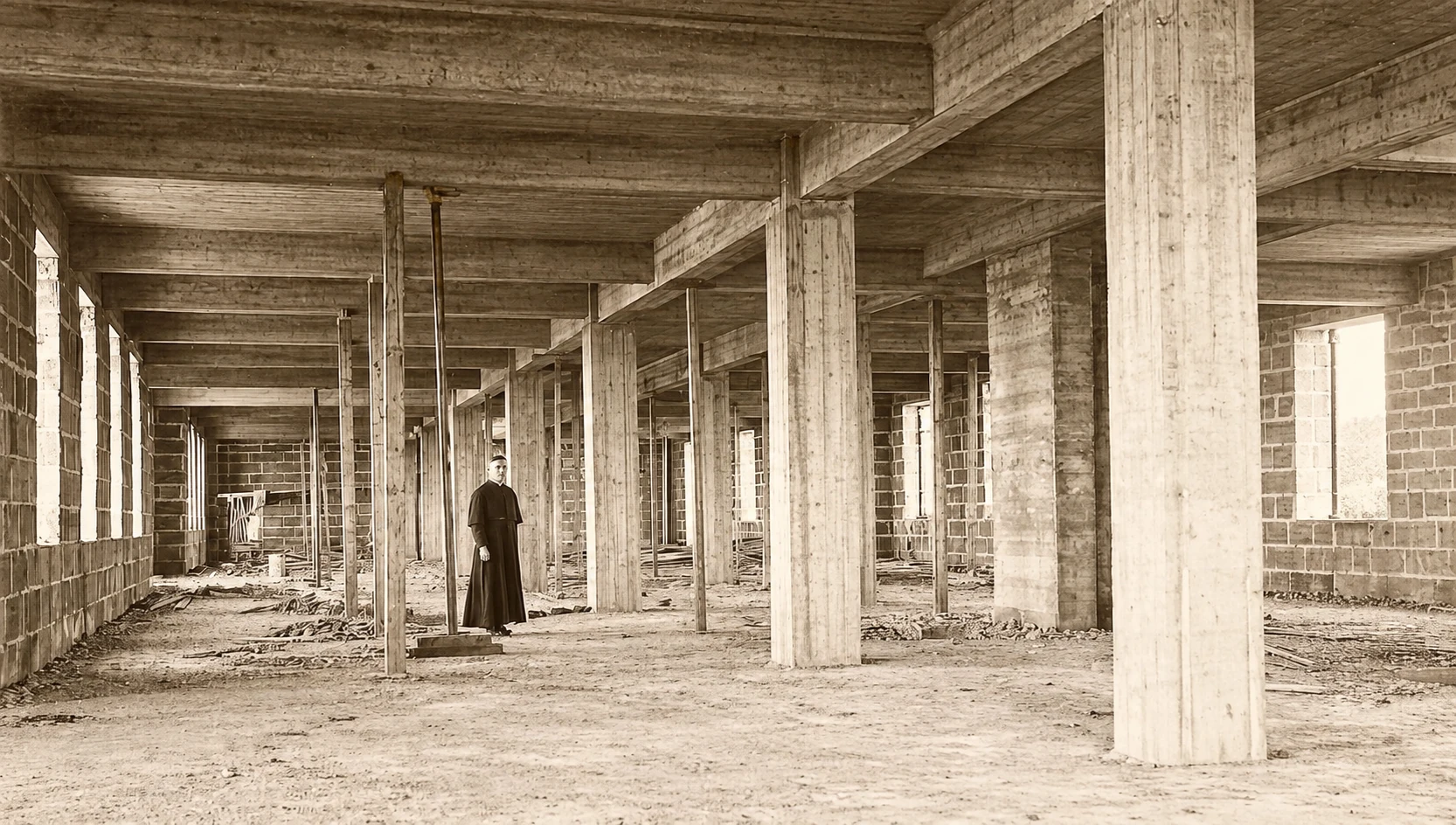 The future Bishop Labrie at the college construction site, 1918
