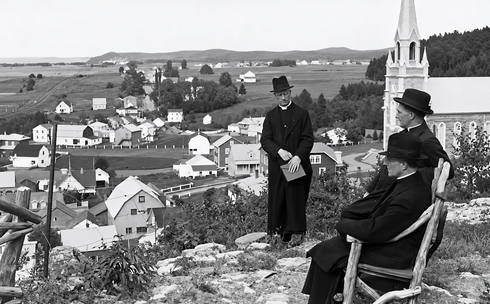 El Padre Lucien Bourque con los Padres Jauffret y Trissel en Pointe-au-Padre, fotografía restaurada
